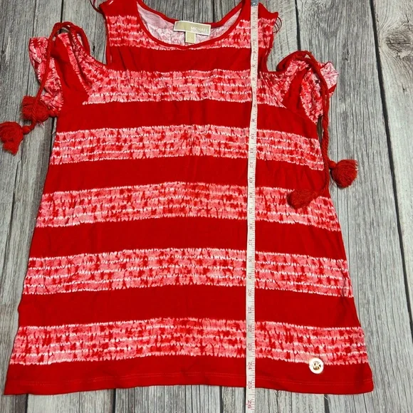 Michael Kors Women’s Large Red Dark Clementine Cold Shoulder Tassled Top Blouse - Picture 8 of 10